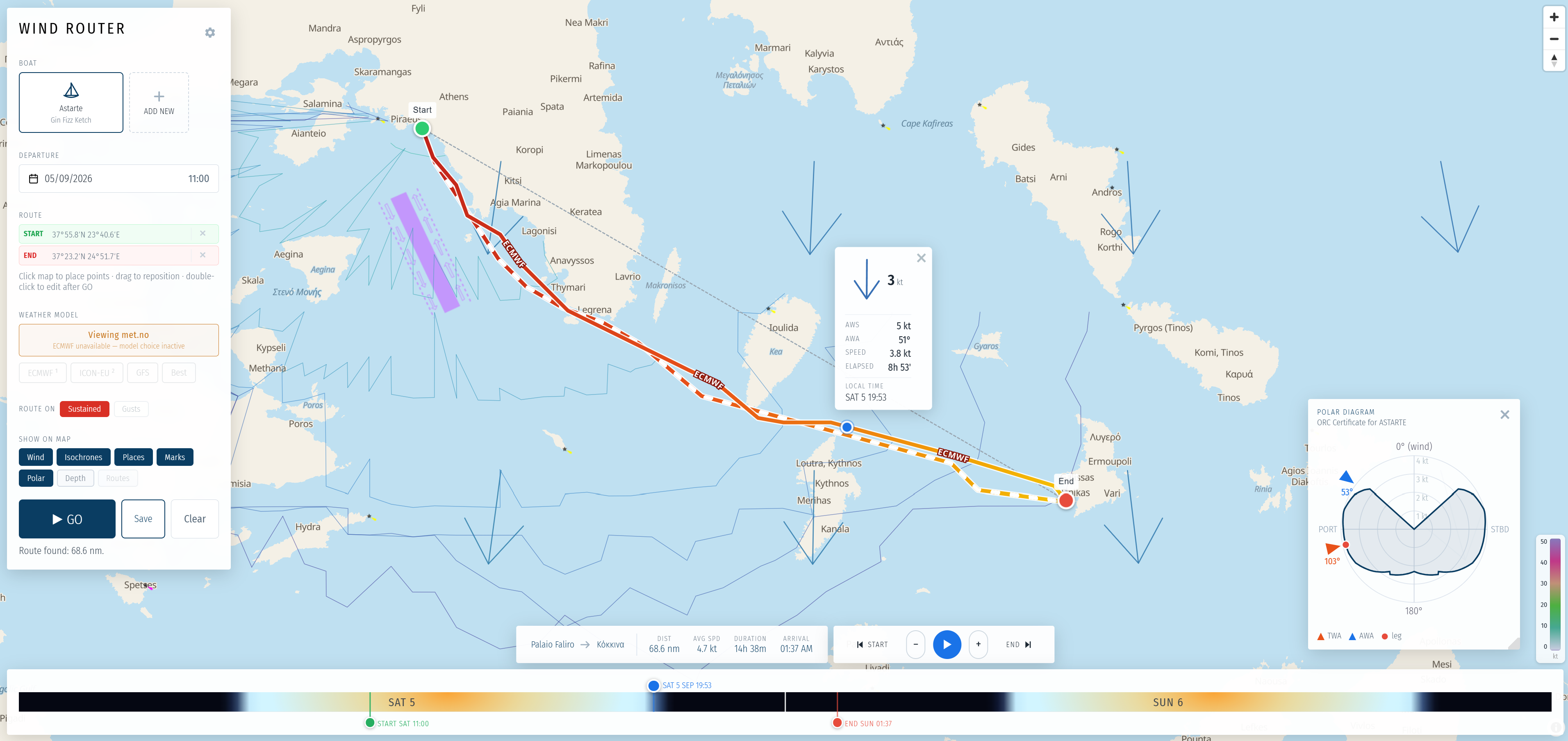 Wind Router plotting an isochrone route across a nautical chart from a boat's ORC polar and live forecast wind