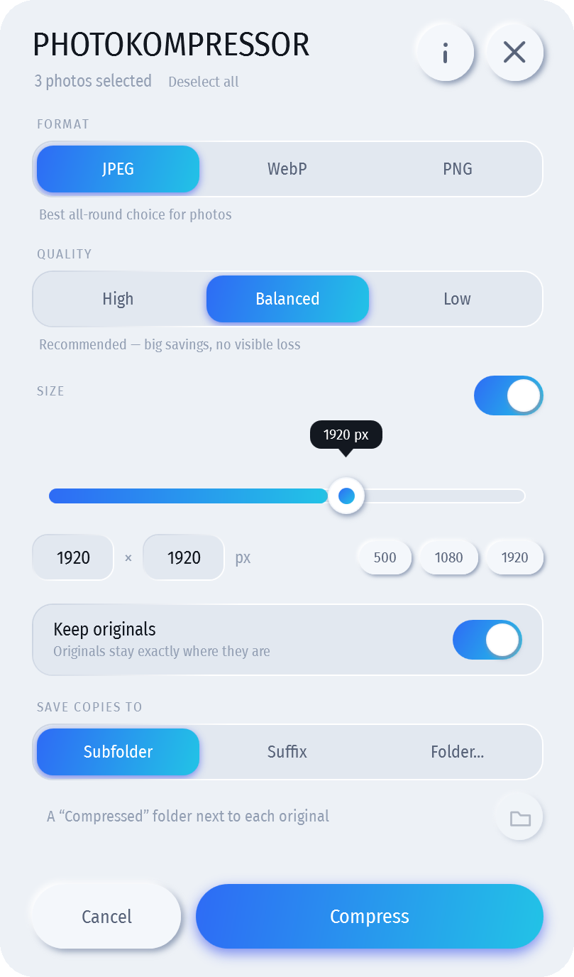 Photokompressor's options window: format, quality, size and output controls