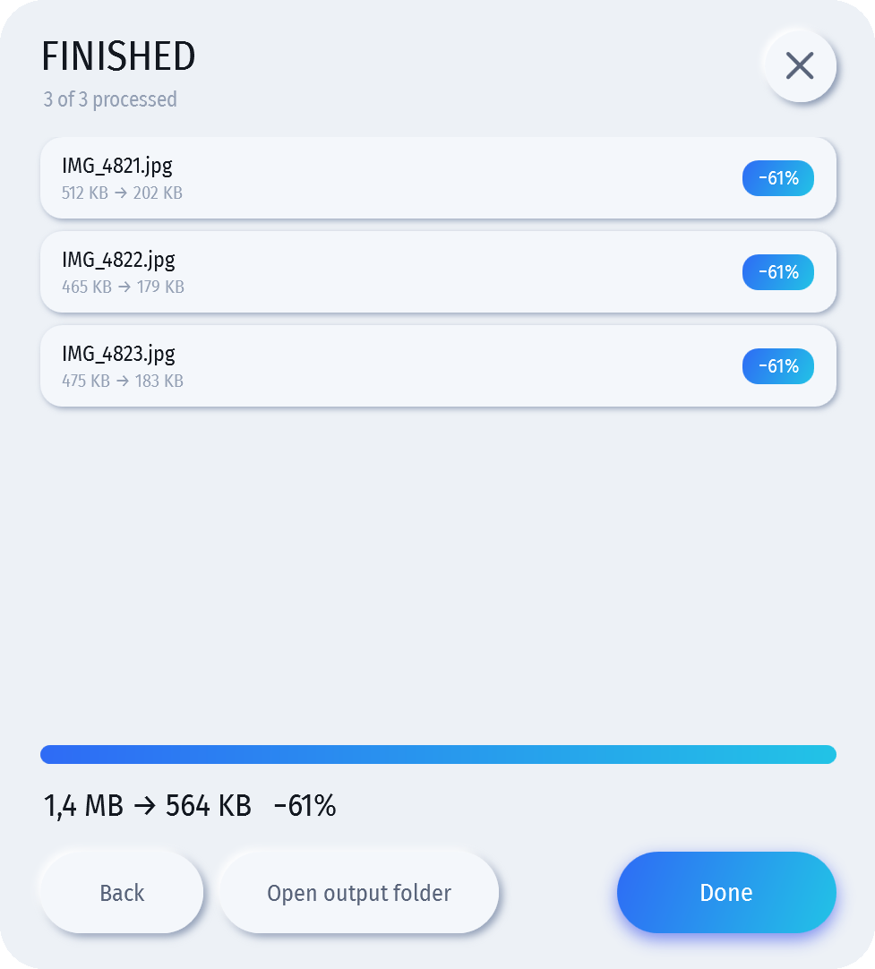 Results list showing three photos reduced by 61 per cent