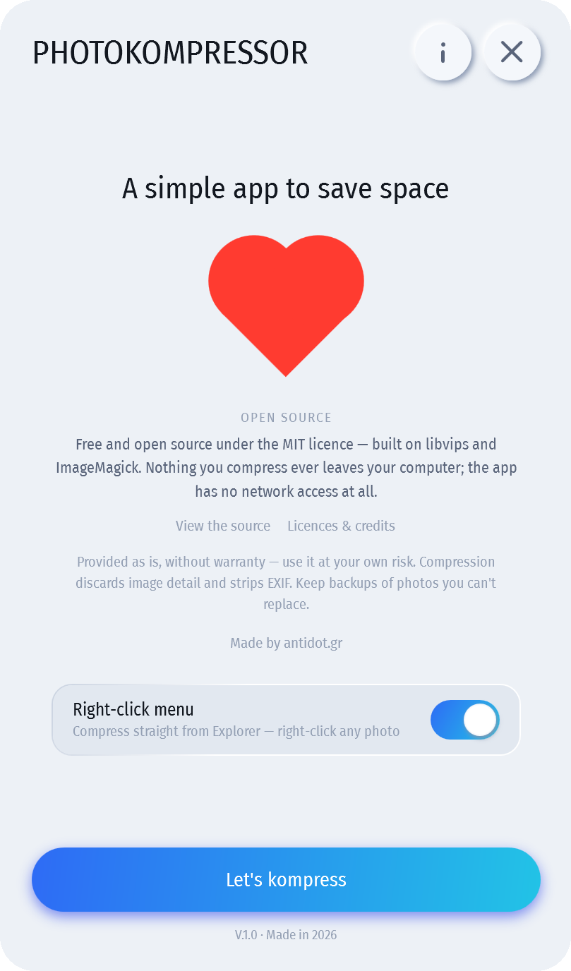 Photokompressor's about screen with a large red heart