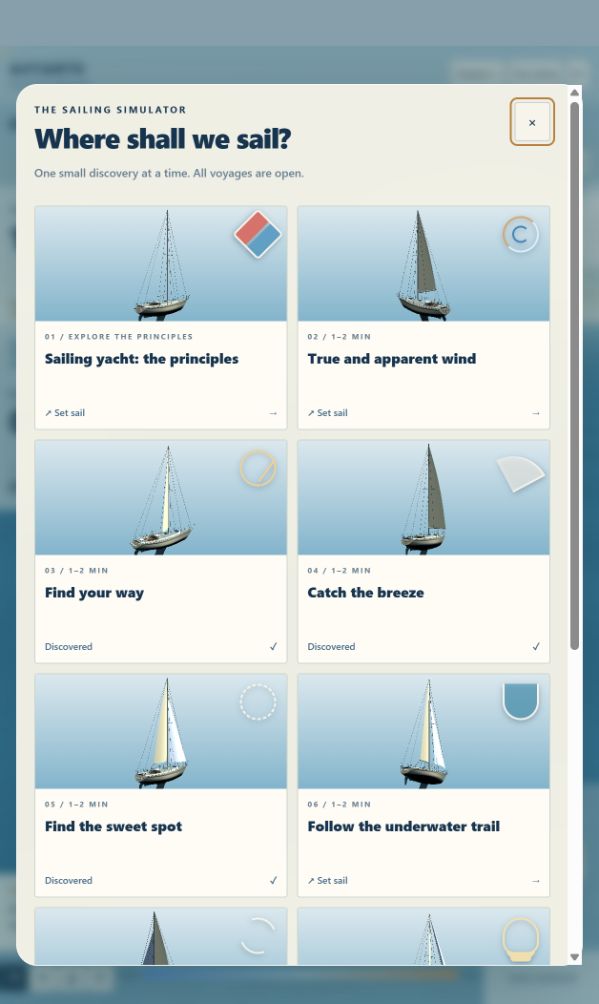 The Sailing School chapter menu with nine lessons