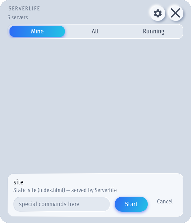 A folder staged to be served, with the detected command shown and editable before anything runs