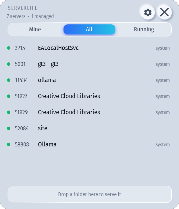 The full list: six background services correctly tagged system, and one dropped project running clean alongside them