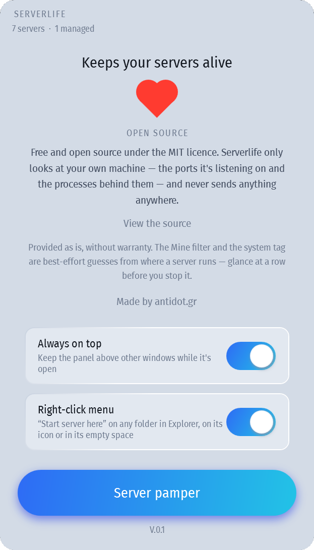 Serverlife's about screen with a beating heart, and its Always on top and right-click menu settings