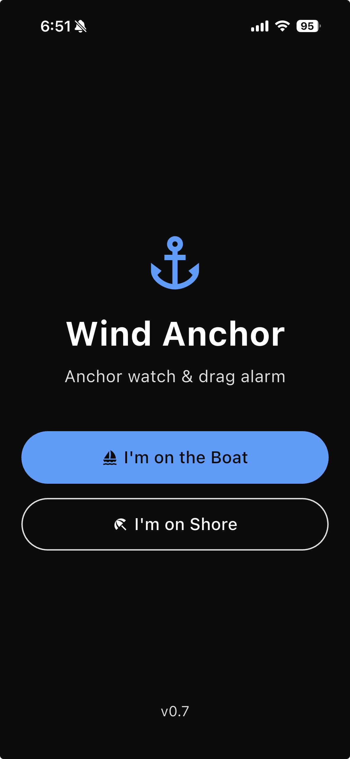 Wind Anchor launch screen — choose I'm on the Boat or I'm on Shore