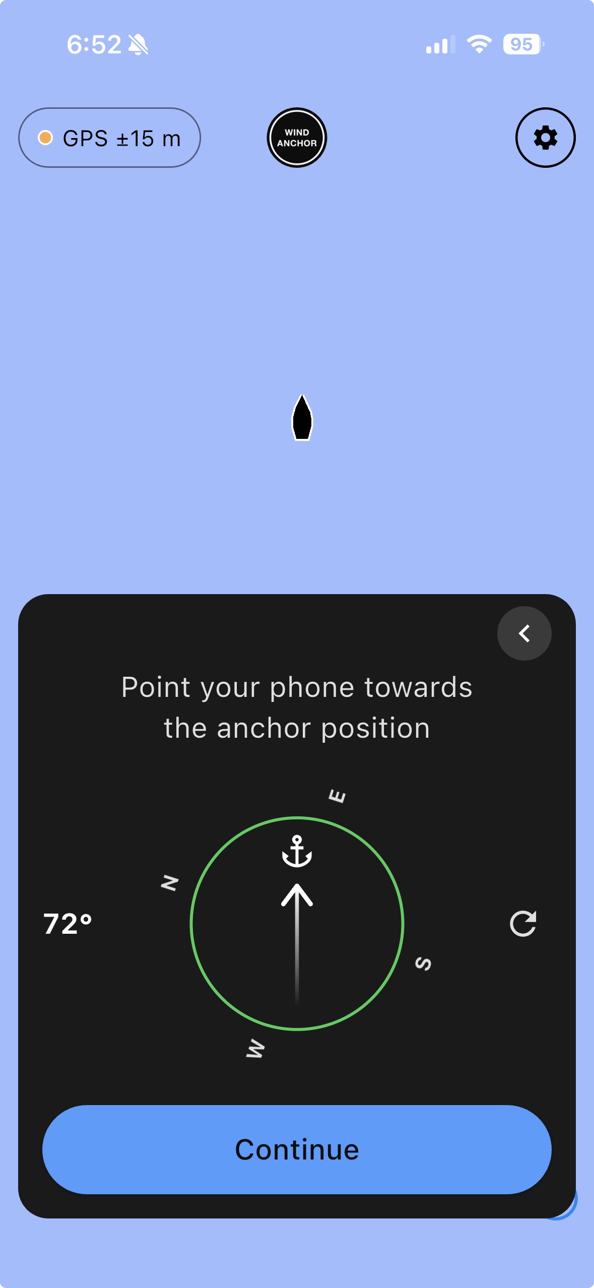 Anchor bearing calibration — point the phone towards the anchor position