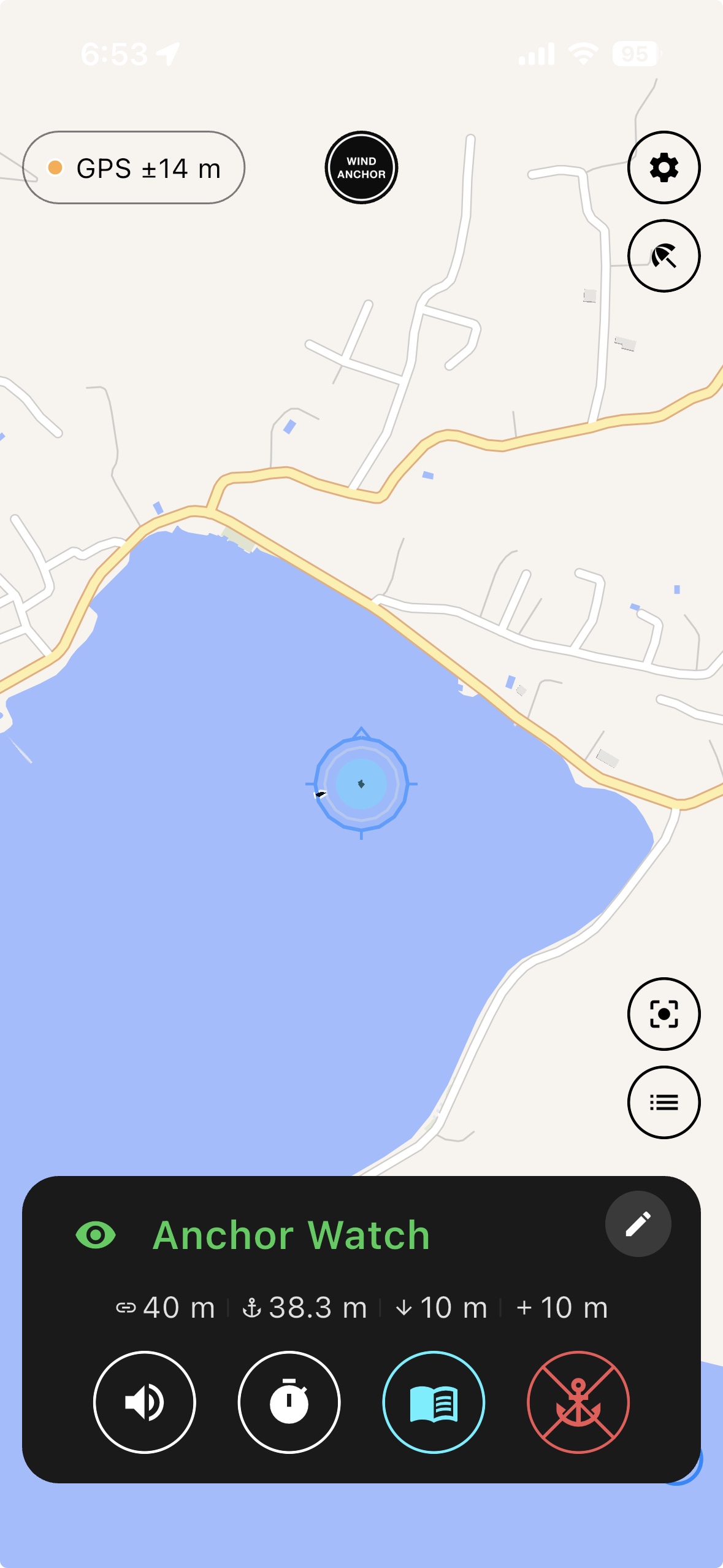 Anchor watch map view with the swing circle over the anchorage