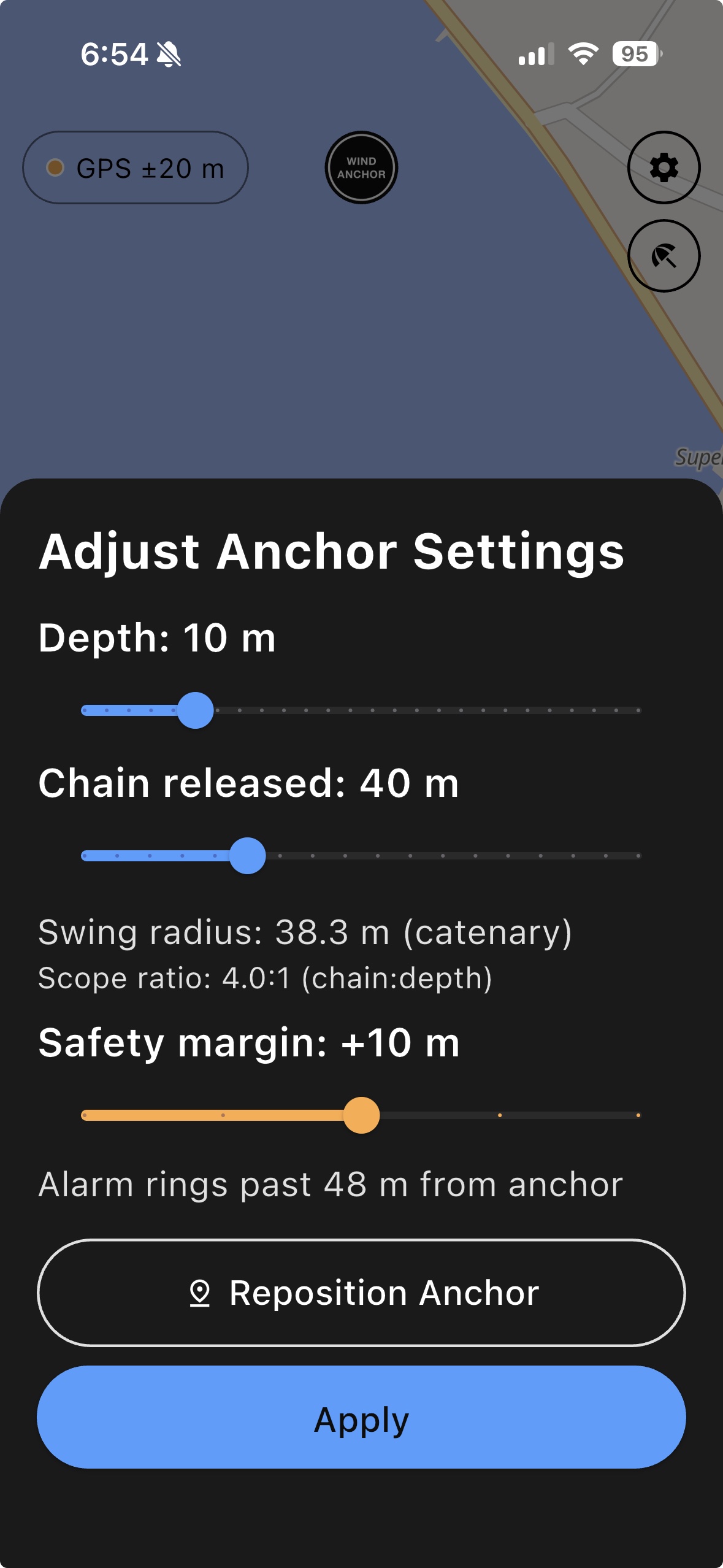 Adjust anchor settings — depth, chain released, catenary swing radius, safety margin