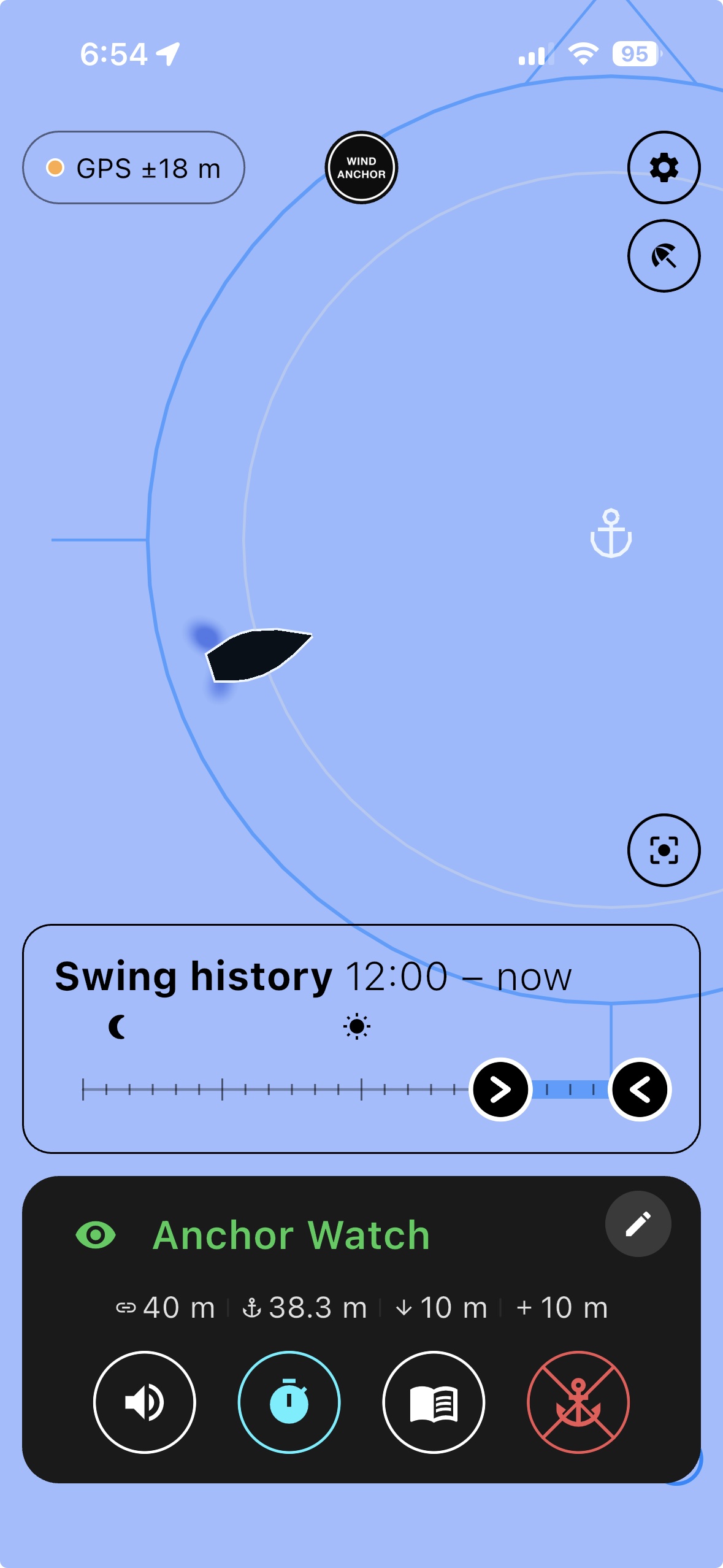 Live swing circle with boat position and swing-history timeline