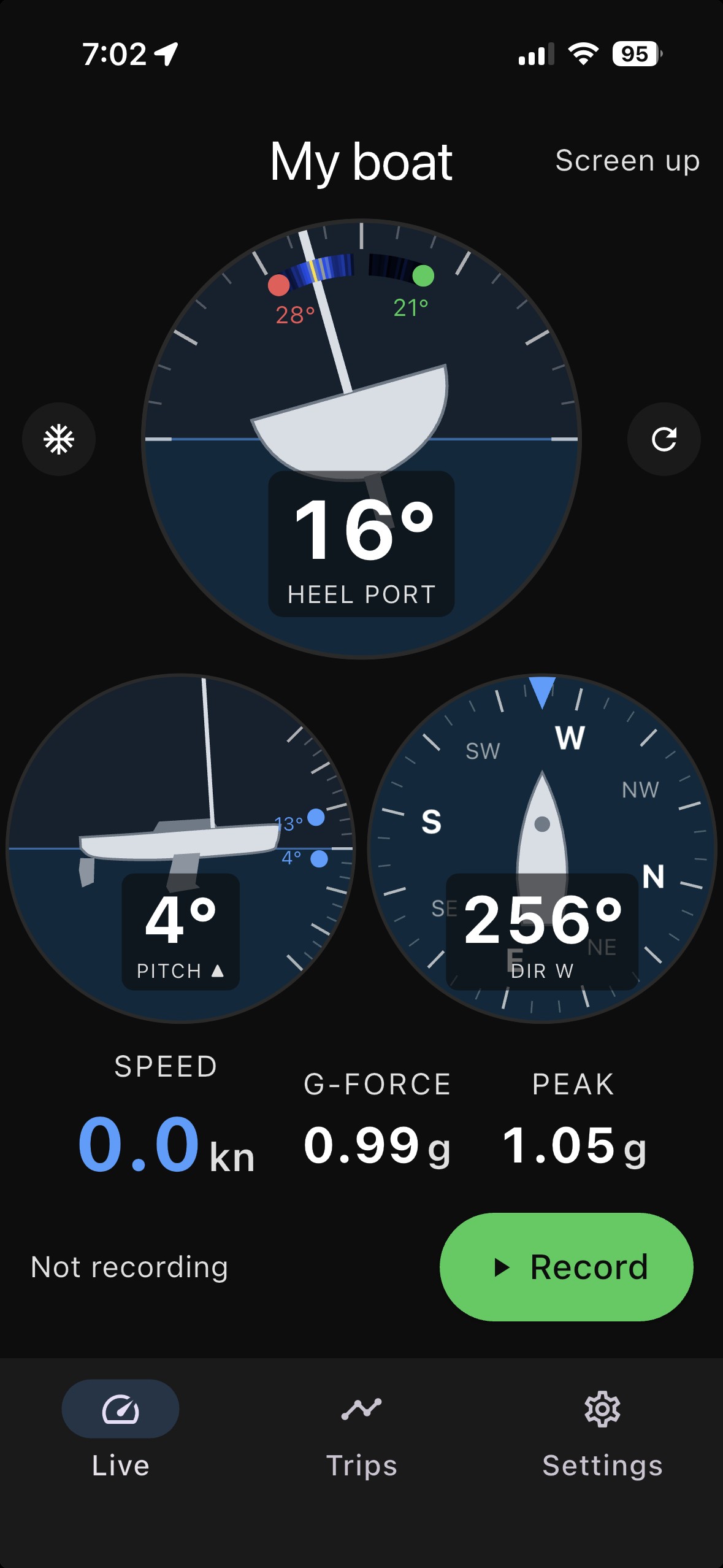 Live screen with heel, pitch and heading gauges, plus speed, G-force and peak G