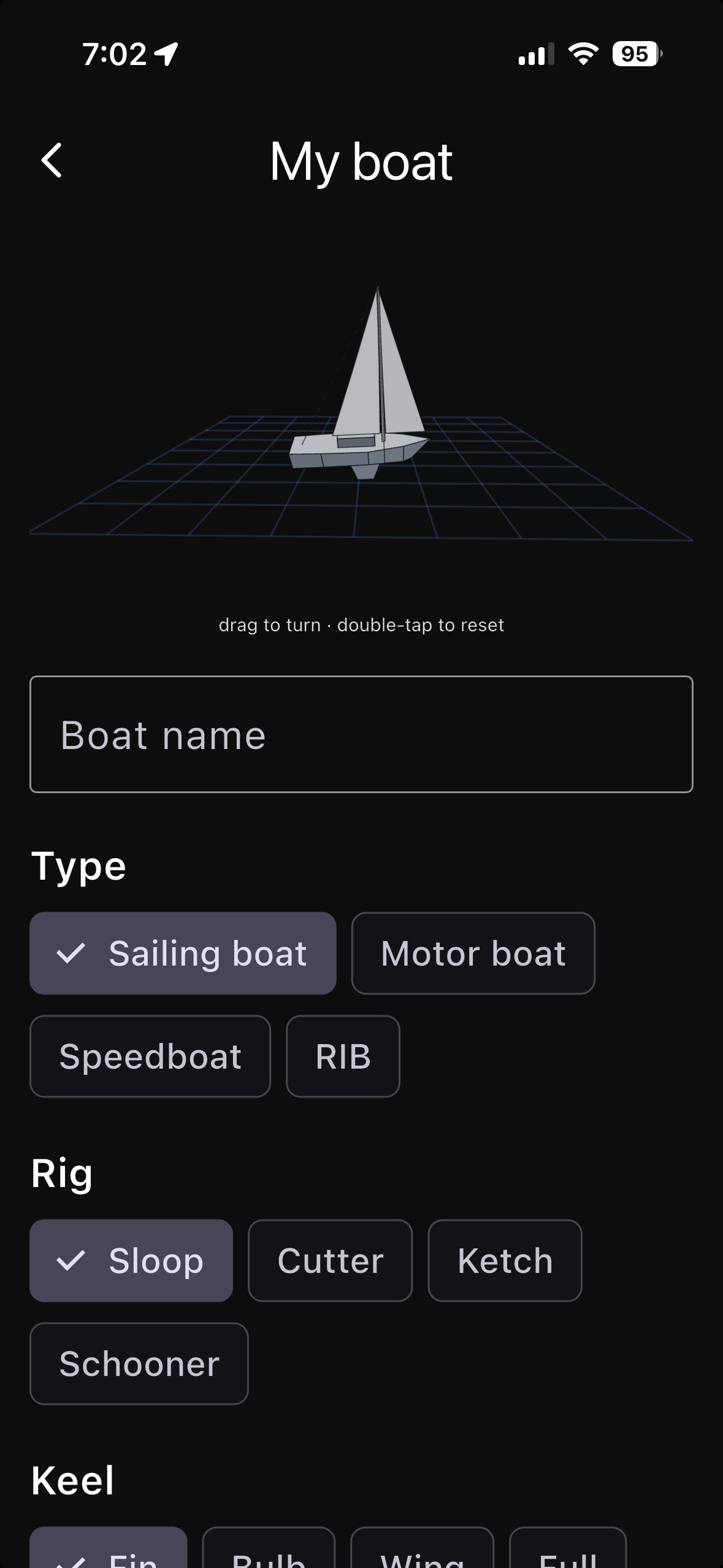 My boat profile with a 3D drawing that follows the boat's type, rig and keel