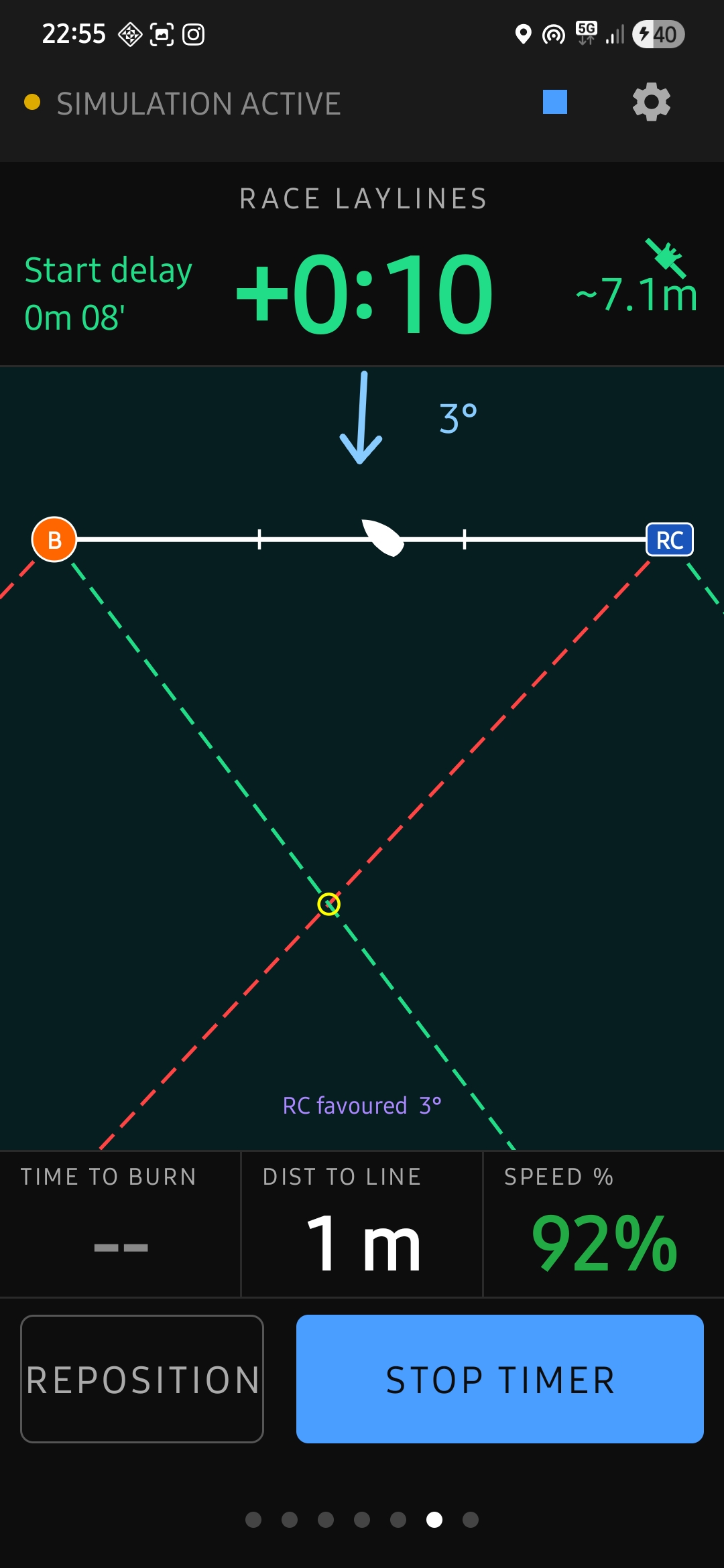 Race laylines with start timer and distance to line